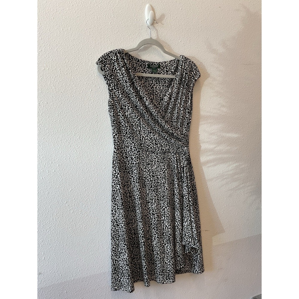 Lauren Ralph Lauren Black White Sleeveless Wrap Knee Length Dress Size S